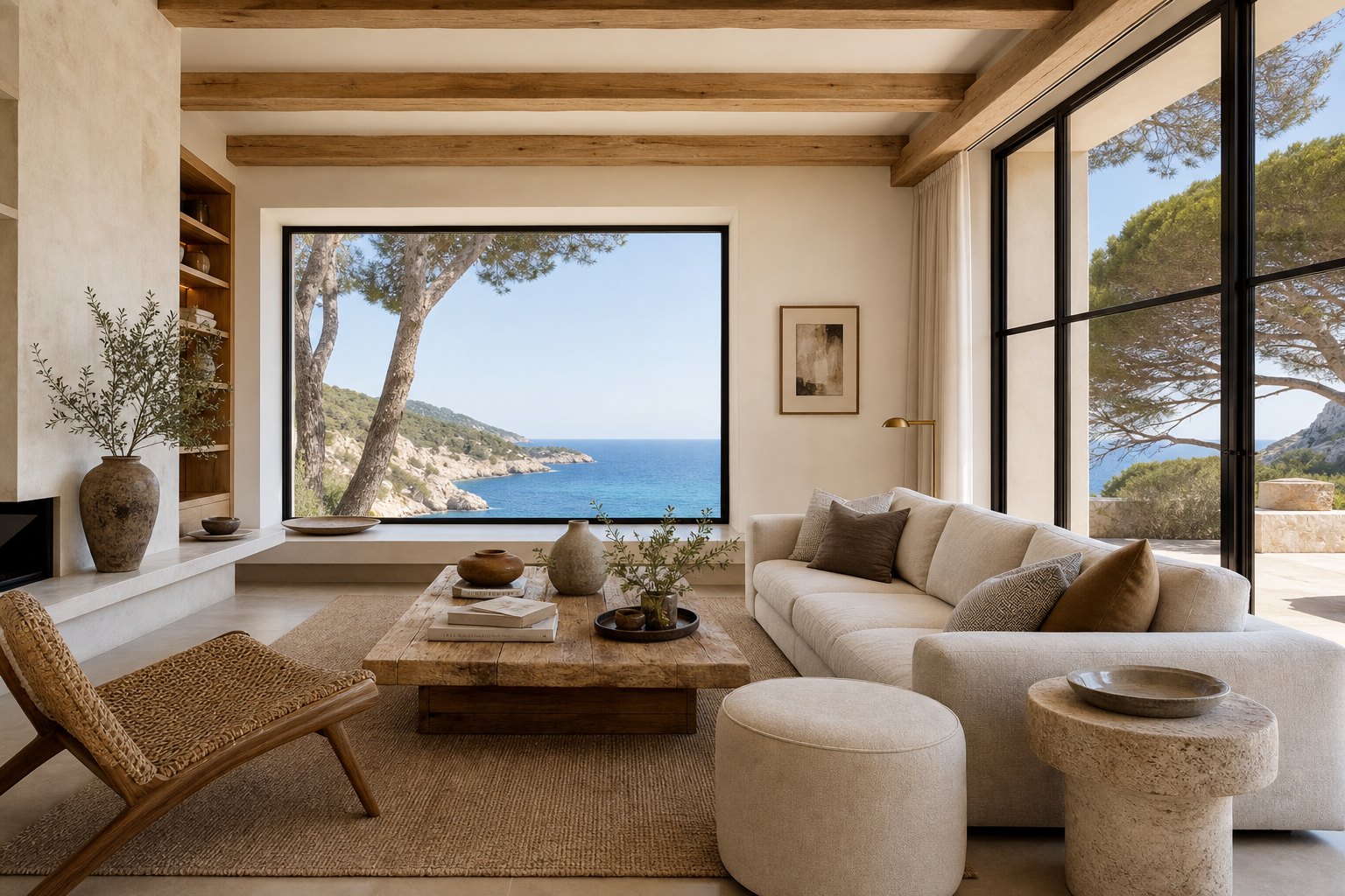Salón mediterráneo con vistas al mar en Mallorca
