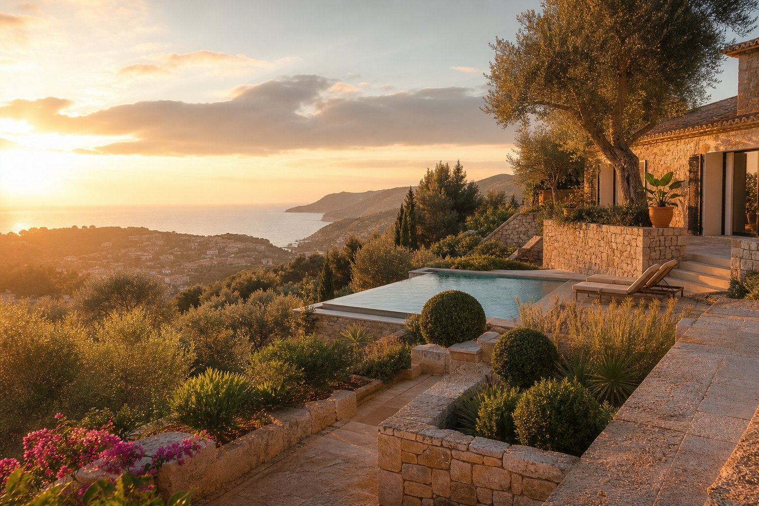 Villa mediterránea al atardecer en el suroeste de Mallorca