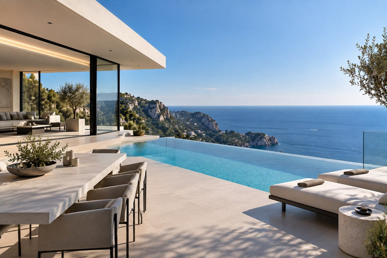 Terraza de una villa moderna con piscina y vistas al mar en Mallorca