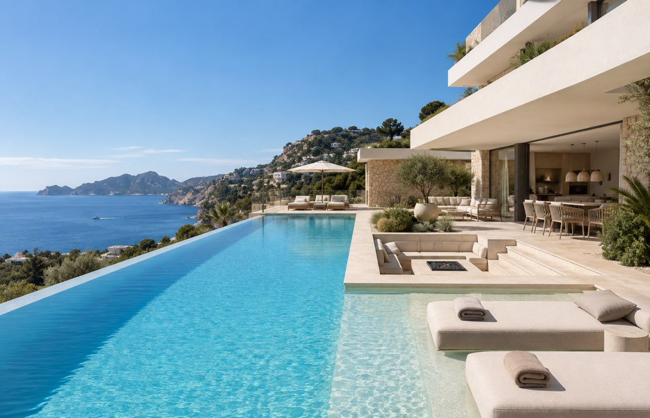 Villa contemporánea con piscina infinita y vistas a la costa de Mallorca